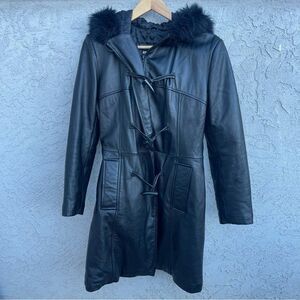 Vintage Black Leather Toggle Coat SZ MED w/ Faux Fur Hood - Gothic Y2K Style